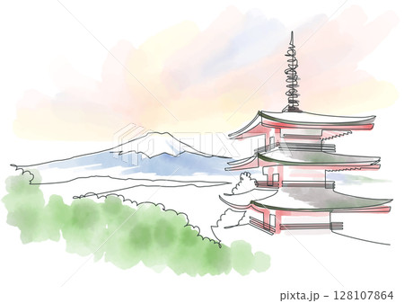 夕暮れの富士山と五重塔、新倉山浅間公園 一筆書きと水彩 Yamanashi, Japan 128107864