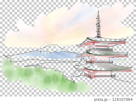 Mt. Fuji and five-story pagoda at dusk, Arakurayama Sengen Park, one-stroke painting and watercolor, Yamanashi, Japan 128107864