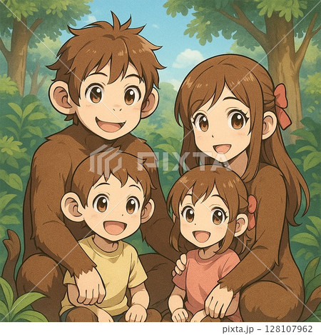 Cute Anime Monkey Family in a Lush Jungle Scene 128107962