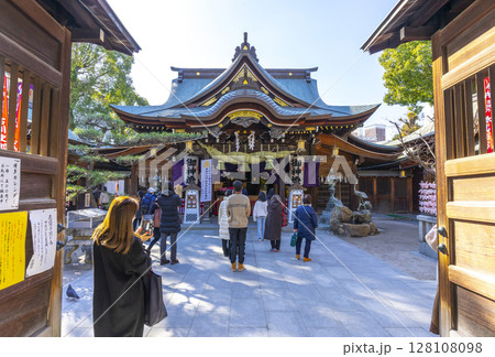 Fukuoka, Japan - Dec 27, 2022 : Kushida Shrine is a Shinto shrine located in Hakata-ku, Fukuoka, Japan on Dec 27,2022. Fukuoka, Japan - Dec 27, 2022 : Kushida Shrine is a Shinto shrine located in Hakata-ku, Fukuoka, Japan on Dec 27,2022. 128108098