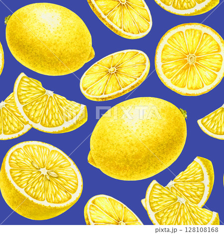 Fresh yellow lemons fruit seamless pattern decor element. Hand drawn vintage style watercolor illustration. Citrus fruit whole, cut and slice seamless pattern on dark blue background 128108168