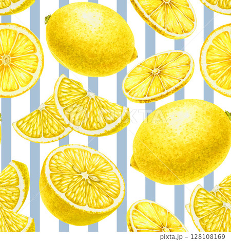 Fresh lemons fruit on striped background seamless pattern. Hand drawn vintage style watercolor illustration. Citrus yellow lemon fruit whole, cut and slice seamless pattern decor element Fresh lemons fruit on striped background seamless pattern. Hand drawn vintage style watercolor illustration. Citrus yellow lemon fruit whole, cut and slice seamless pattern decor element 128108169