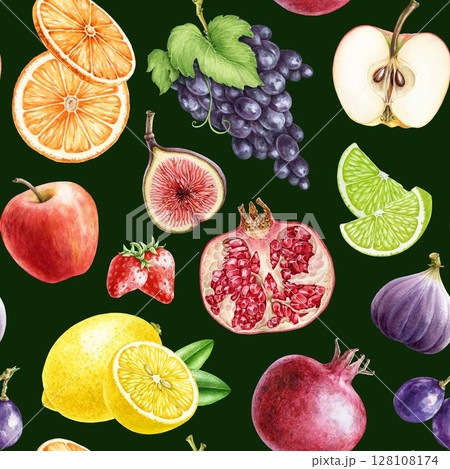 Fresh fruit seamless pattern on dark background. Bright juicy various organic fruits watercolor illustration. Hand drawn apple, strawberry, orange, lime, lemon, grapes seamless pattern design element 128108174
