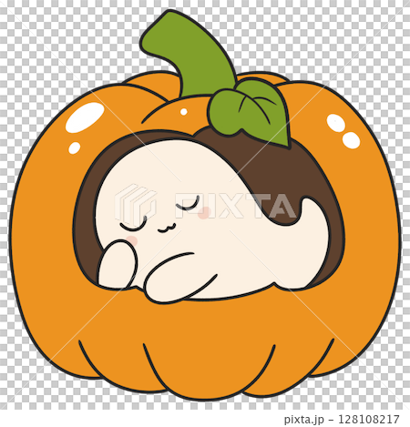 halloween cute ghost sleeping inside a pumpkin in cozy flat cartoon style, perfect for autumn themed illustrations 128108217