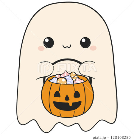 halloween cute ghost carrying a pumpkin candy bucket in flat cartoon style, perfect for trick or treat themes halloween cute ghost carrying a pumpkin candy bucket in flat cartoon style, perfect for trick or treat themes 128108280
