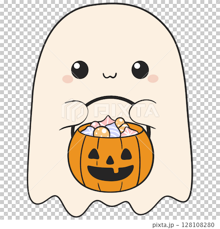 halloween cute ghost carrying a pumpkin candy bucket in flat cartoon style, perfect for trick or treat themes halloween cute ghost carrying a pumpkin candy bucket in flat cartoon style, perfect for trick or treat themes 128108280