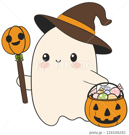 halloween cute ghost carrying a pumpkin candy bucket in flat cartoon style, perfect for trick or treat themes 128108281