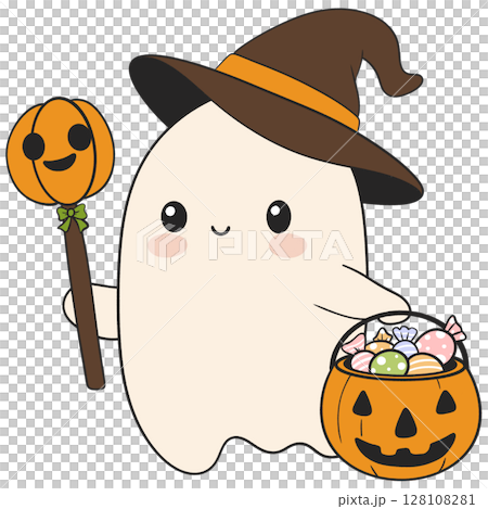 halloween cute ghost carrying a pumpkin candy bucket in flat cartoon style, perfect for trick or treat themes 128108281