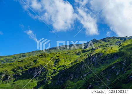 Lush Green Mountain Slope Under a Bright Blue Sky with White Clouds for Scenic Beauty 128108334