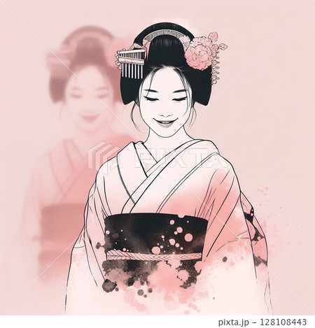 Japanese woman in kimono dress in splash ink painting with Generative AI. 128108443