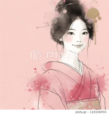 Japanese woman in kimono dress in splash ink painting with Generative AI. 128108450