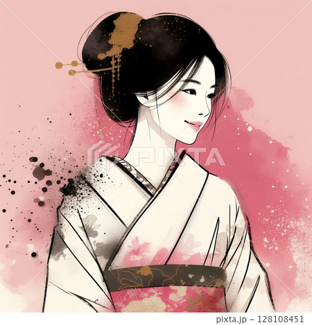 Japanese woman in kimono dress in splash ink painting with Generative AI. 128108451