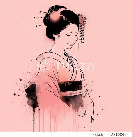 Japanese woman in kimono dress in splash ink painting with Generative AI. 128108452