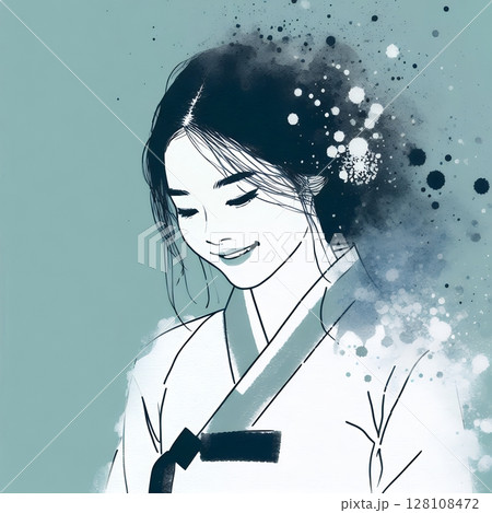 Korean woman in hanbok dress in splash ink painting with Generative AI. 128108472