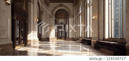 Grand bank lobby, marble floor, arched windows, elegant lighting, classic architecture 128108727