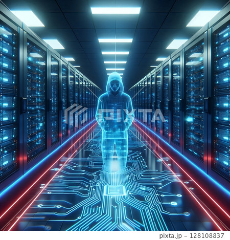 Cybersecurity Threat in Data Center for Digital Hacker in Futuristic Server Room with Generative AI. 128108837