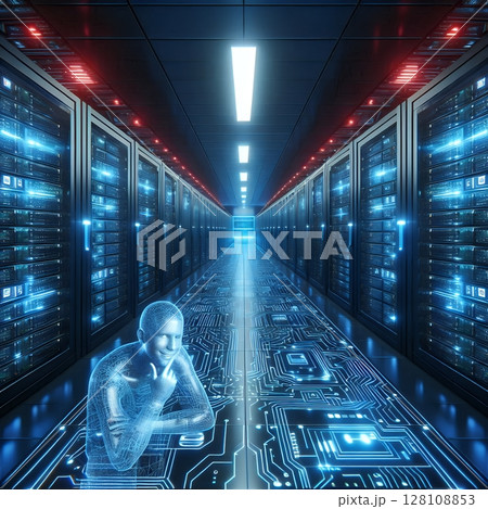 Cybersecurity Threat in Data Center for Digital Hacker in Futuristic Server Room with Generative AI. 128108853