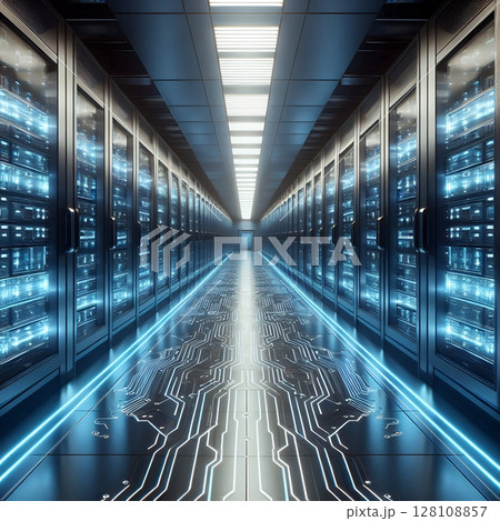 Futuristic Data Center with Glowing Circuit Floor and Blue Server Racks and Advanced Digital Technology Infrastructure with Generative AI. 128108857