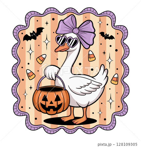 Trick or treat with goose in Halloween illustration Trick or treat with goose in Halloween illustration 128109305