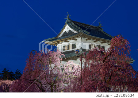 青森県弘前市下白銀町弘前公園　ベニシダレザクラなどの夜桜ライトアップに囲まれた弘前城天守閣夜景 128109534
