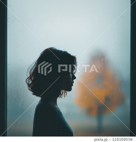 Silhouette of woman with short hair gazing out rainy window, with blurred autumn tree in background Silhouette of woman with short hair gazing out rainy window, with blurred autumn tree in background 128109556