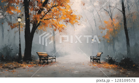 Misty autumn park scene with empty benches and vibrant orange leaves creates serene atmosphere 128109578