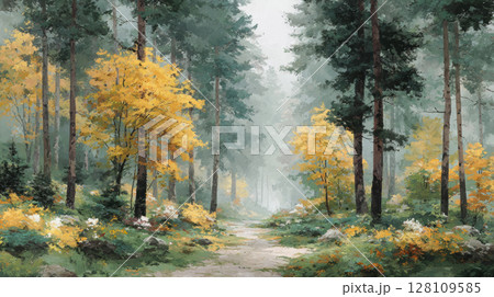 Serene forest path winds through tall trees...のイラスト素材 [128109585] - PIXTA