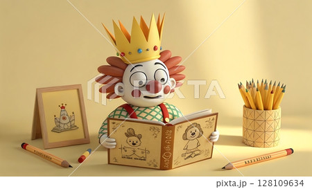 Claymation clown king reading a book at desk with paper crown pencil holder and art framed in warm handmade storybook setting 128109634