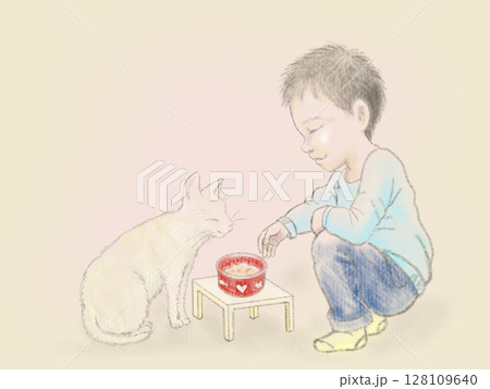 室内で猫にキャットフードをあげる男の子 128109640