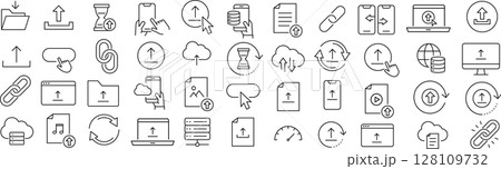 ベクターでモノクロのアップロードに関する線画アイコンセット 128109732