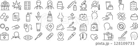 ベクターでモノクロの薬局に関する線画アイコンセット 128109733