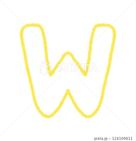アルファベットW　 手書き文字　かわいい　素材　黄色　イラスト　素材　アイコン　クレヨン風 128109811