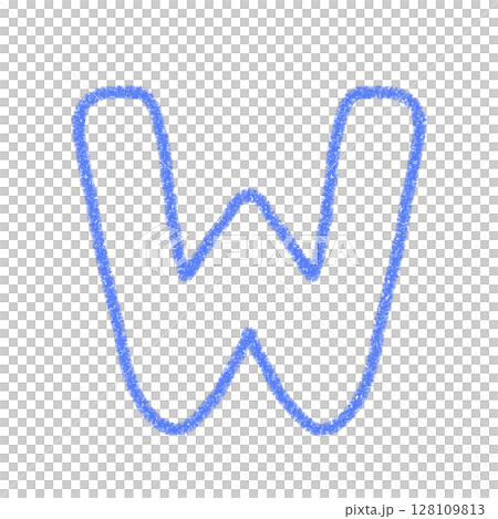 アルファベットW　 手書き文字　かわいい　素材　青　イラスト　素材　アイコン　クレヨン風 128109813