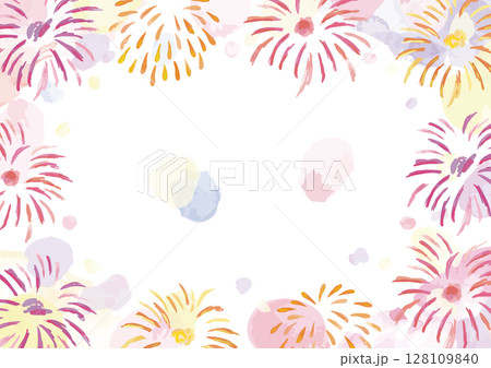 水彩絵具で描いた打ち上げ花火 日本の夏 美しいフレーム素材 128109840