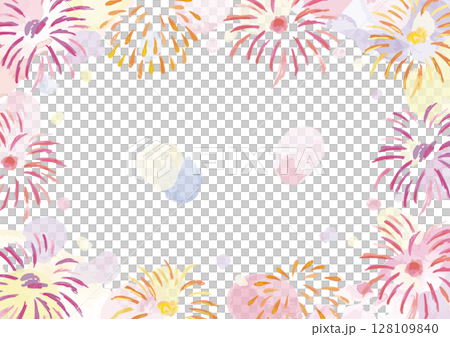 水彩絵具で描いた打ち上げ花火 日本の夏 美しいフレーム素材 128109840