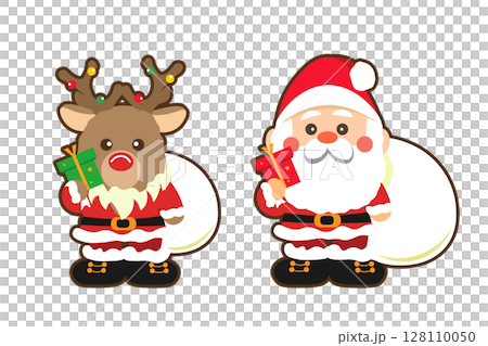 Illustration of Santa Claus carrying presents and a reindeer dressed as Santa Illustration of Santa Claus carrying presents and a reindeer dressed as Santa 128110050