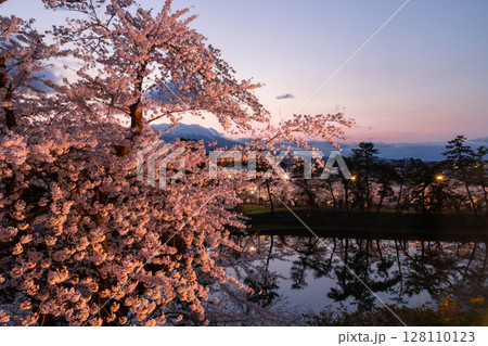 青森県弘前市下白銀町弘前公園 弘前城天守台から蓮池濠の桜並木などの夕景 青森県弘前市下白銀町弘前公園 弘前城天守台から蓮池濠の桜並木などの夕景 128110123