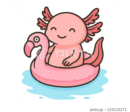 Adorable pink axolotl floating on a pink flamingo inflatable ring in calm water. A fun and cheerful design perfect for creating a relaxed, carefree atmosphere and stress-relief illustrations. 128110271