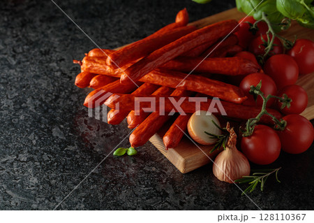 Kabanos sausages with basil, onion, rosemary, and tomatoes. 128110367