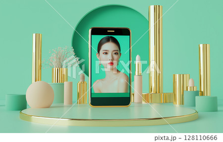 スマホ画面に映る美しさ — コスメティックとデジタルが融合する新時代ビジュアル 128110666