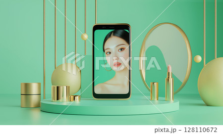 スマホ画面に映る美しさ — コスメティックとデジタルが融合する新時代ビジュアル 128110672