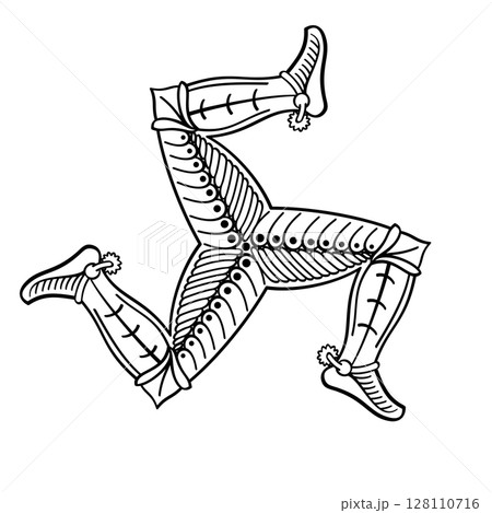 Triskelion of three bent human legs in armor. Triskele motif, a triple leg, appearing to run and hint clockwise movement. Symbol since Hellenistic period, used in Isle of Man flag and coat of arms. 128110716