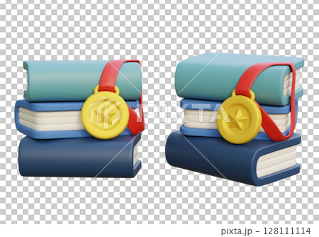 Books stacked with a gold medal for academic achievement 3D graphic 128111114