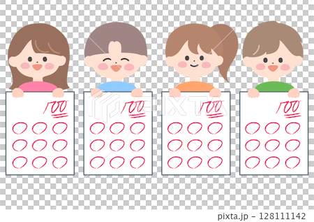 Illustration of happy children holding a test with a perfect score of 100 Illustration of happy children holding a test with a perfect score of 100 128111142