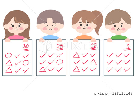 テストの点数が低くがっかりする子どもたちのイラスト テストの点数が低くがっかりする子どもたちのイラスト 128111143