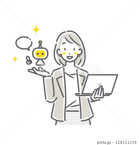 AIを活用して仕事をする若いビジネスパーソン　シンプルでお洒落な線画イラスト 128111219
