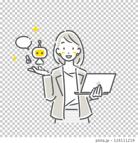 AIを活用して仕事をする若いビジネスパーソン　シンプルでお洒落な線画イラスト 128111219