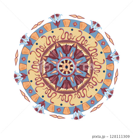 Ancient arabesque. Egyptian round ornament, border. Geometric repeat patterns with snake, lotus. Watercolor isolated illustration in yellow, blue, red colors. Ancient culture concept Arabic, Persian Ancient arabesque. Egyptian round ornament, border. Geometric repeat patterns with snake, lotus. Watercolor isolated illustration in yellow, blue, red colors. Ancient culture concept Arabic, Persian 128111309