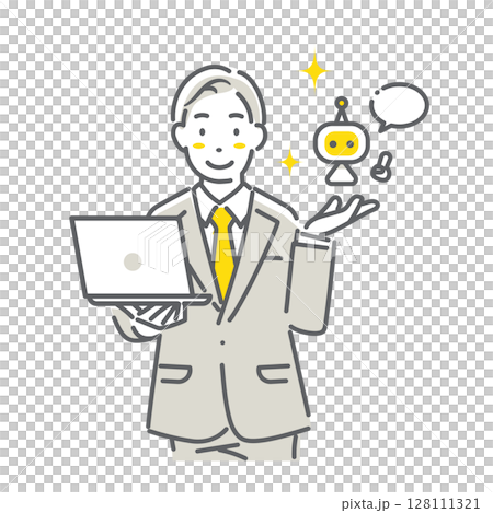AIを活用して仕事をするビジネスパーソン　シンプルでお洒落な線画イラスト 128111321