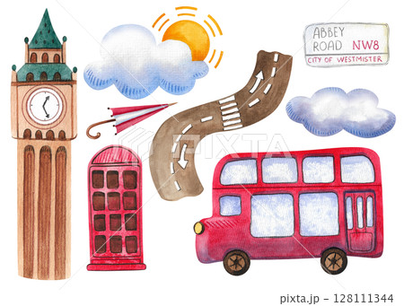 Festive collection of hand-painted watercolor elements with British symbols. Big Ben, Abbey Road sign, double-decker bus, telephone box, tea set. Illustrations isolated on white background Festive collection of hand-painted watercolor elements with British symbols. Big Ben, Abbey Road sign, double-decker bus, telephone box, tea set. Illustrations isolated on white background 128111344